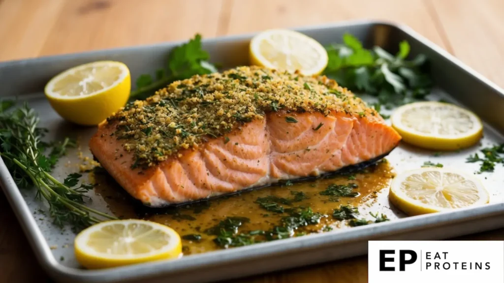 A golden-brown herb-crusted salmon fillet sizzling on a baking sheet surrounded by fresh herbs and lemon slices