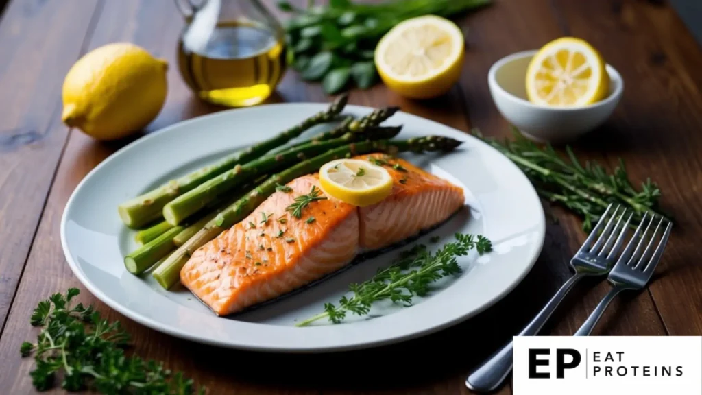 A plate of baked salmon and asparagus surrounded by ingredients like olive oil, lemon, and herbs on a wooden table