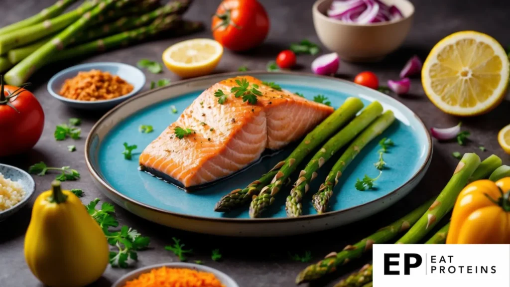 A plate of baked salmon with asparagus, surrounded by colorful ingredients