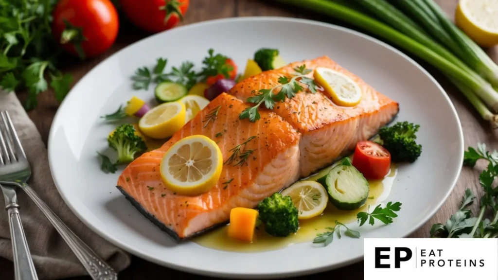 A plate of baked salmon surrounded by colorful vegetables and herbs, with a light drizzle of lemon juice