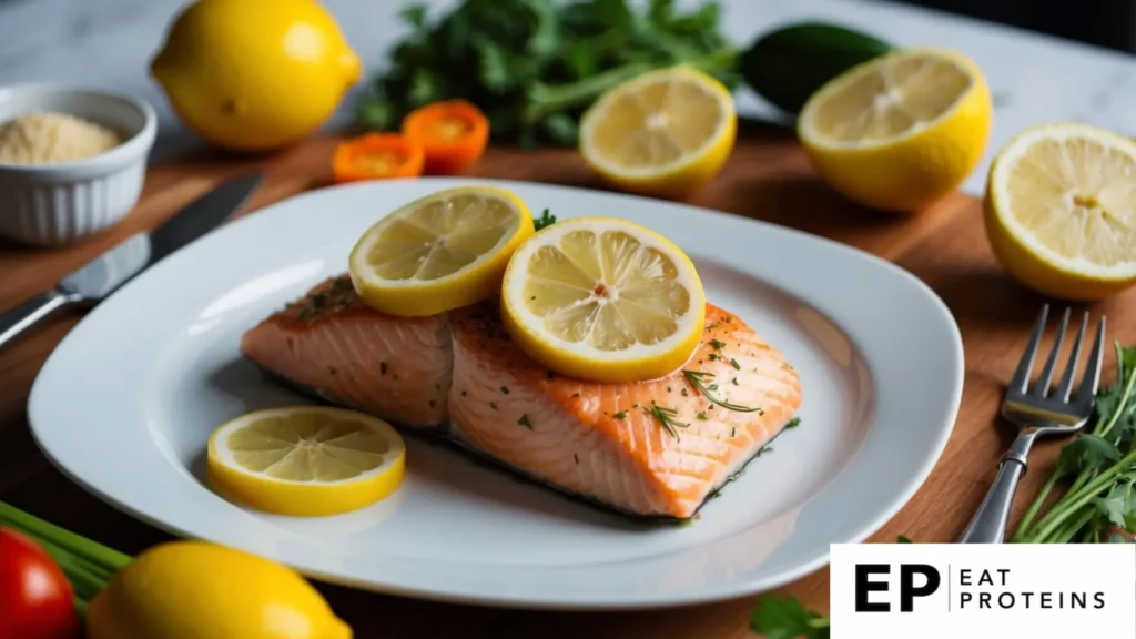 A plate of baked salmon topped with lemon slices, surrounded by colorful low histamine ingredients