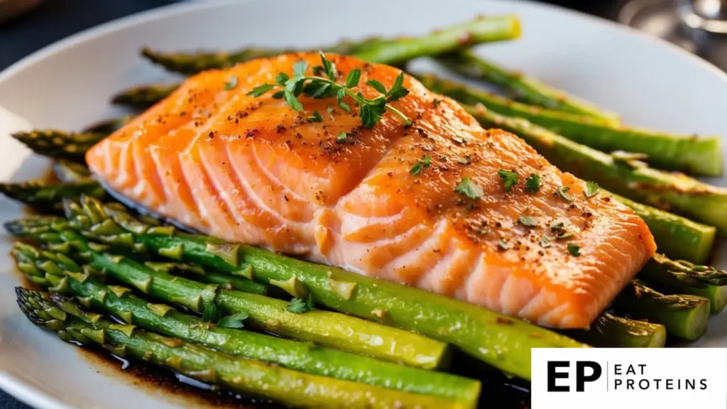 A golden-brown baked salmon fillet sits atop a bed of perfectly roasted asparagus spears, garnished with a sprinkle of fresh herbs