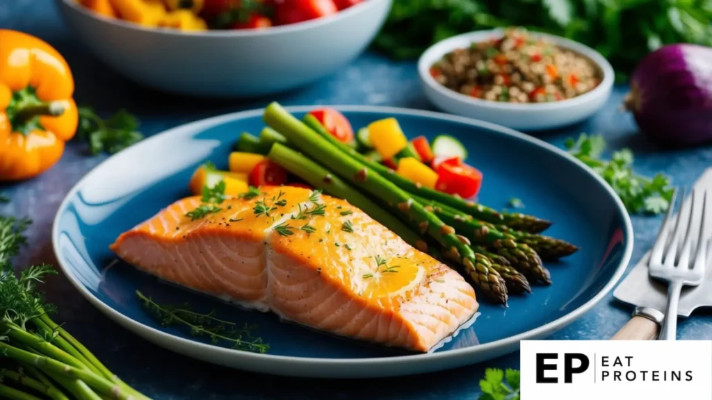 A plate of baked salmon with asparagus, surrounded by colorful and vibrant vegetables, herbs, and spices