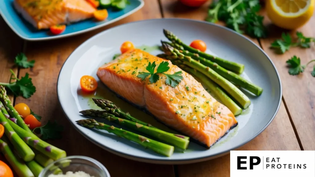 A plate of baked salmon and asparagus, surrounded by colorful ingredients, on a wooden table