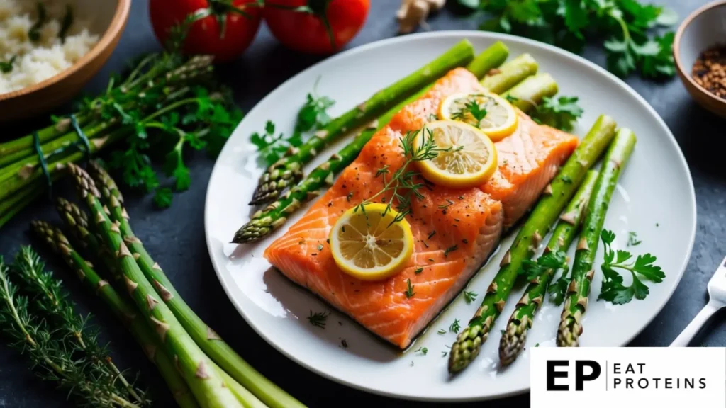 A plate of baked salmon and asparagus surrounded by fresh ingredients and herbs