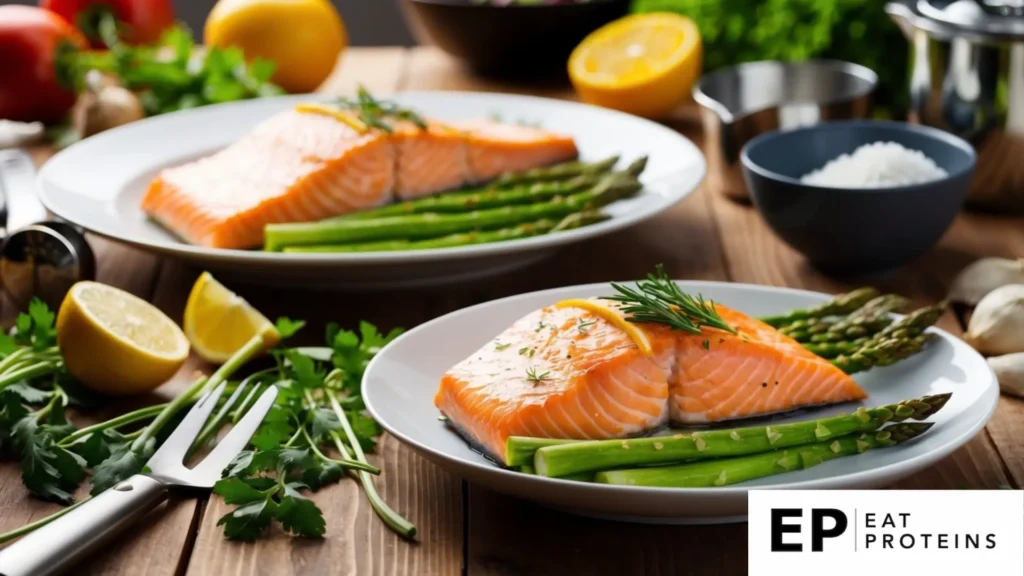 A plate of baked salmon and asparagus on a wooden table, surrounded by fresh ingredients and cooking utensils