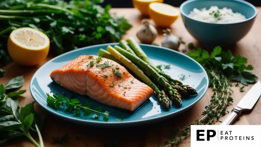 A plate of baked salmon and asparagus surrounded by fresh ingredients and herbs