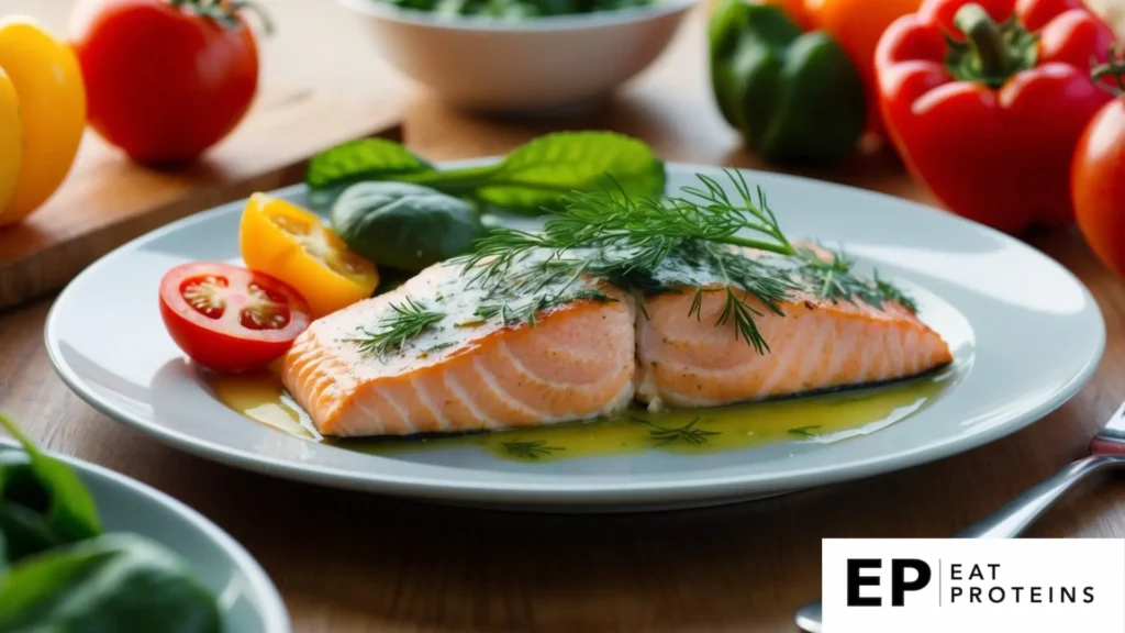 A plate of baked salmon topped with fresh dill, surrounded by colorful low FODMAP ingredients like tomatoes, bell peppers, and spinach