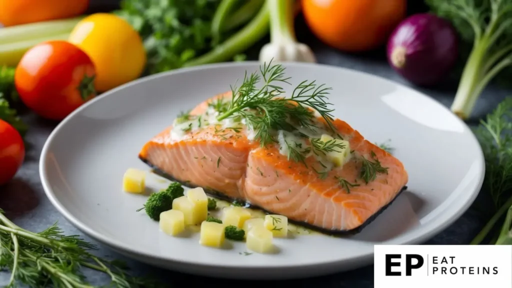 A plate of baked salmon topped with fresh dill, surrounded by colorful low-sodium vegetables and herbs