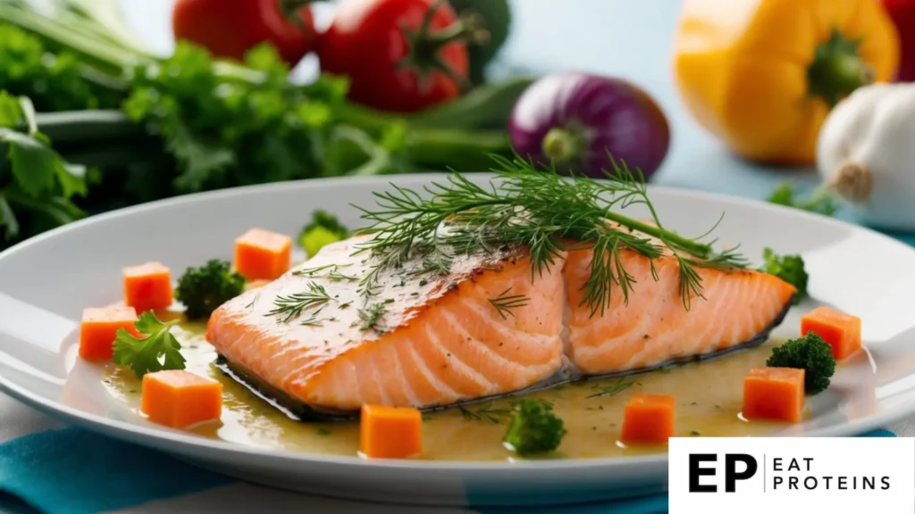 A plate of baked salmon topped with fresh dill surrounded by colorful vegetables and herbs