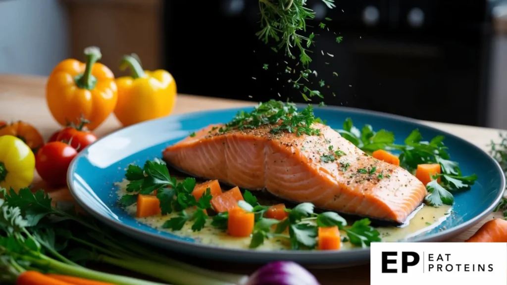 A platter of baked salmon with fresh herbs surrounded by colorful vegetables and a sprinkle of seasoning