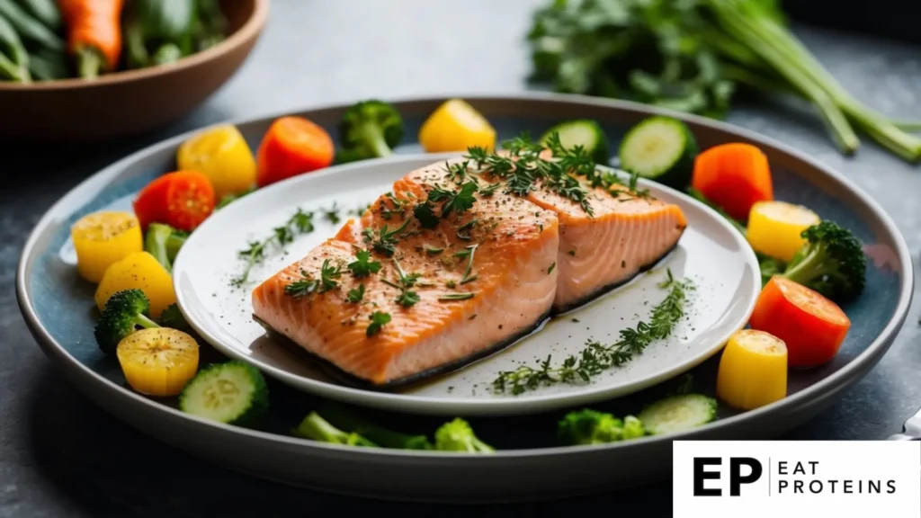 A plate of baked salmon topped with herbs, surrounded by colorful vegetables and a sprinkle of seasoning