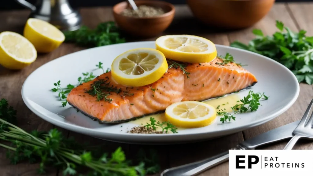 A plate of baked salmon topped with lemon slices surrounded by fresh herbs and spices