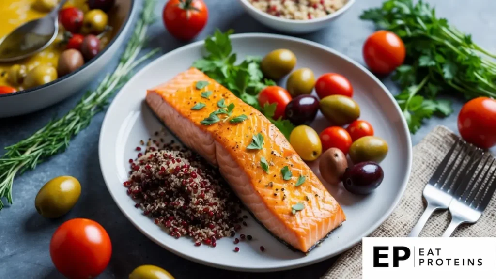 A plate of baked salmon sits next to a bowl of quinoa, surrounded by colorful Mediterranean ingredients like olives, tomatoes, and fresh herbs