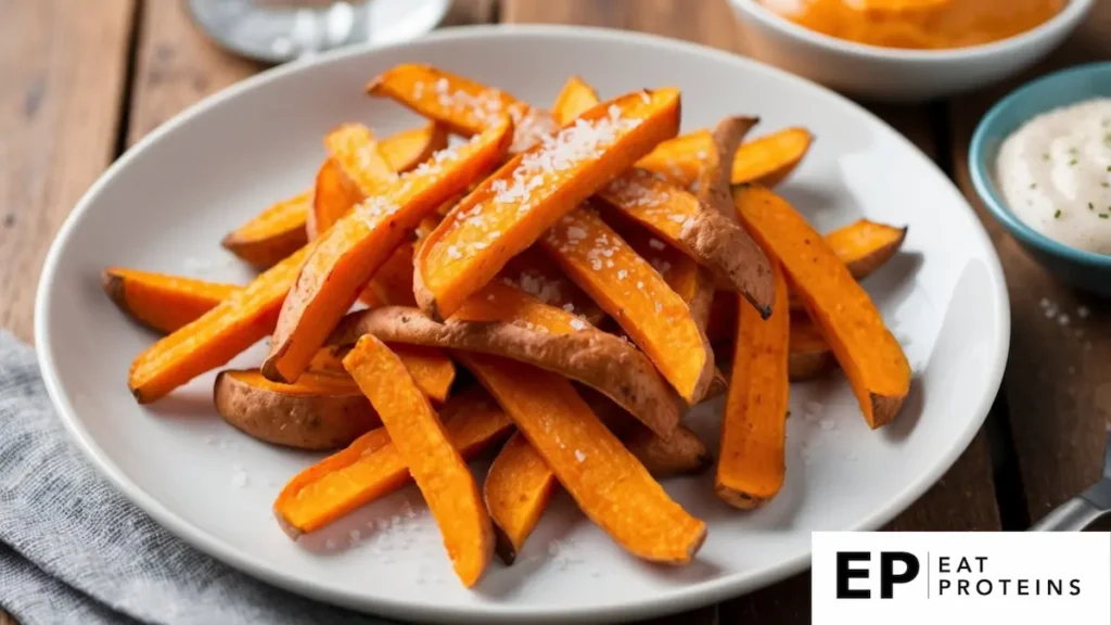 Golden sweet potato fries arranged on a white plate with a sprinkle of sea salt and a side of tangy dipping sauce