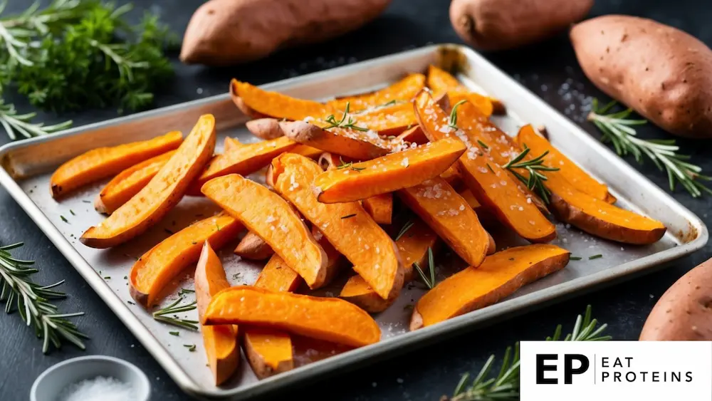 Golden sweet potato fries on a baking sheet with a sprinkle of sea salt and rosemary, surrounded by fresh sweet potatoes and herbs