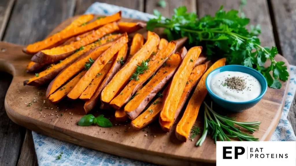 A colorful array of baked sweet potato fries arranged on a rustic wooden cutting board, accompanied by fresh herbs and seasonings