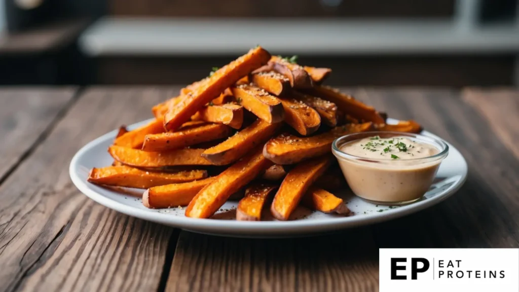 A plate of golden brown sweet potato fries arranged in a neat pile, sprinkled with a dash of seasoning, and served with a side of dipping sauce