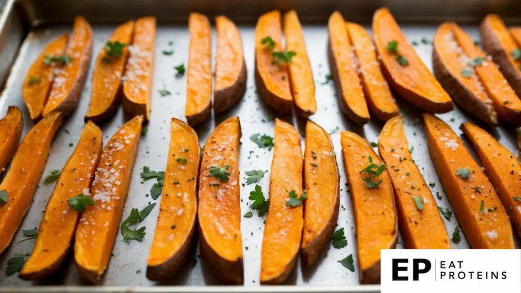 A baking sheet with golden sweet potato fries arranged in a neat row, garnished with a sprinkle of salt and fresh herbs