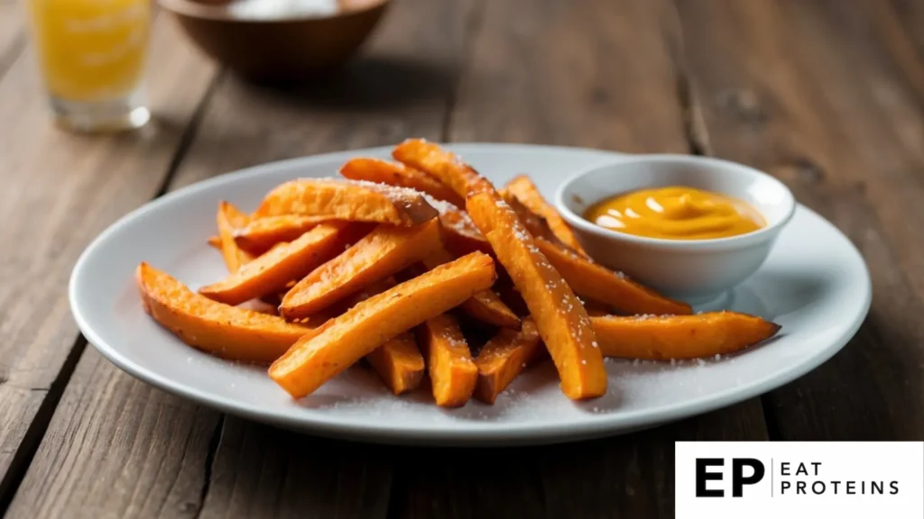 Golden sweet potato fries arranged on a white plate with a sprinkle of salt and a side of dipping sauce