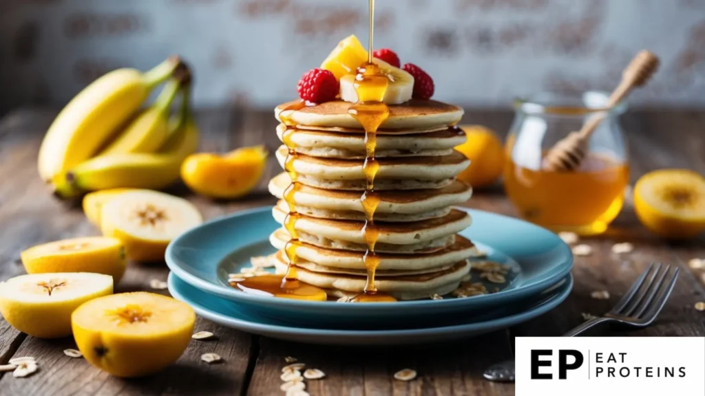 A stack of banana oat pancakes surrounded by fresh fruit and a drizzle of honey on a rustic wooden table