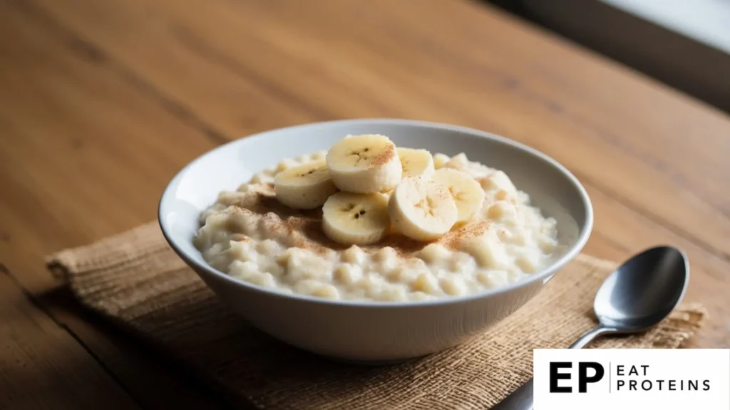 A bowl of creamy rice pudding topped with sliced bananas and a sprinkle of cinnamon on a wooden table