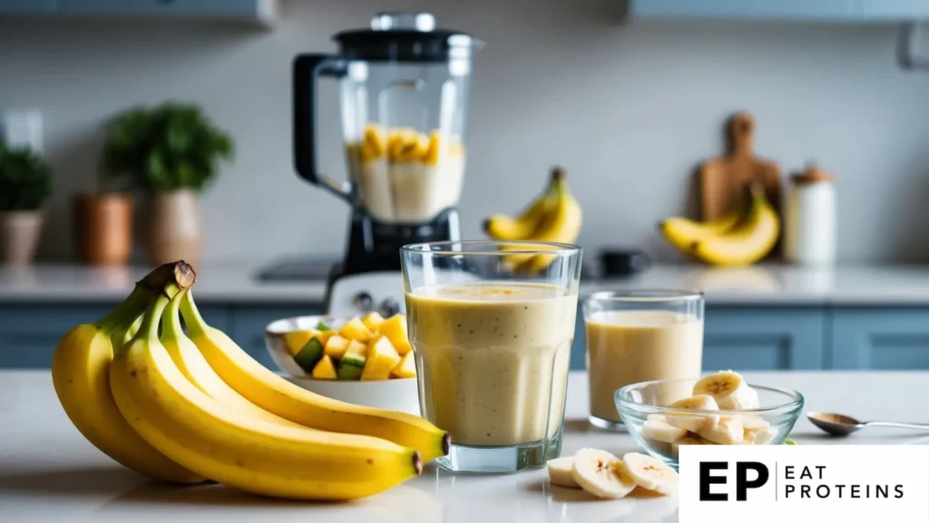 A glass of banana smoothie surrounded by fresh bananas, a blender, and recipe ingredients on a clean kitchen counter