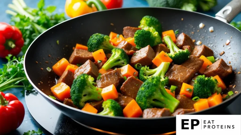 A sizzling wok filled with colorful chunks of beef and broccoli, surrounded by vibrant vegetables and aromatic herbs