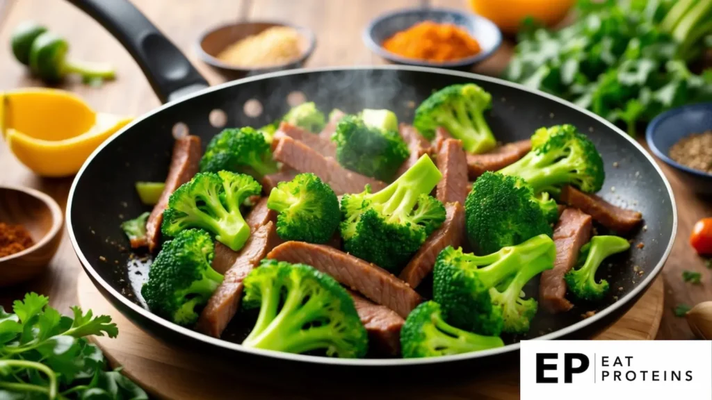 A sizzling stir-fry pan with vibrant green broccoli and tender beef strips, surrounded by fresh ingredients and spices