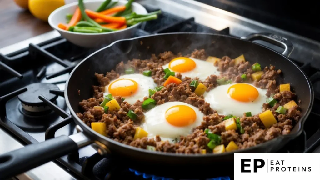 A sizzling skillet with ground beef, eggs, and assorted vegetables cooking together over a hot stove