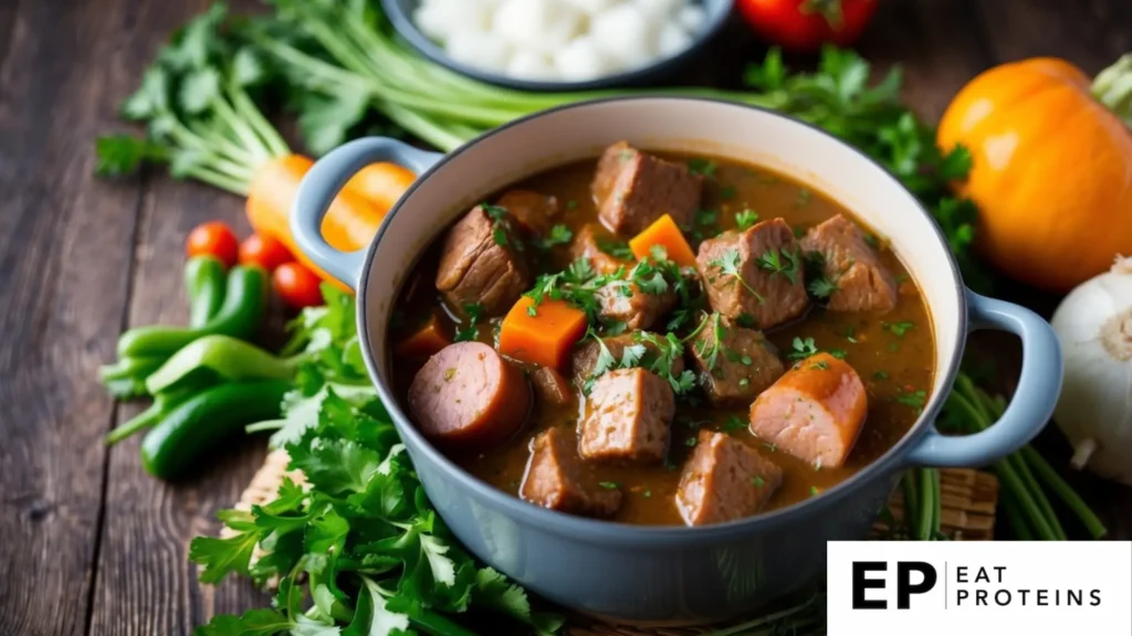 A pot of simmering stew with chunks of beef and sausage, surrounded by fresh vegetables and herbs