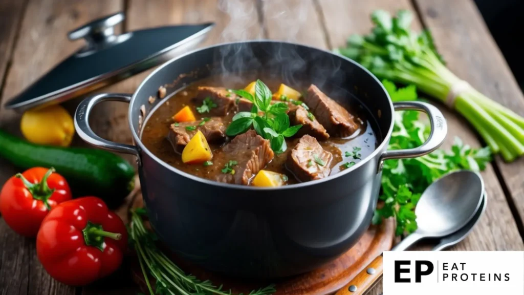 A steaming pot of beef stew surrounded by fresh vegetables and herbs on a rustic wooden table