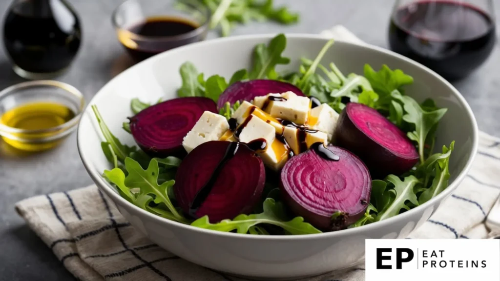 A vibrant bowl of beets and arugula, surrounded by olive oil and balsamic sauce