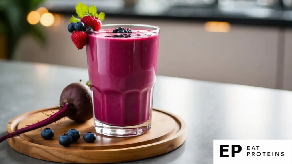 A vibrant beet and berry smoothie in a glass, surrounded by fresh berries