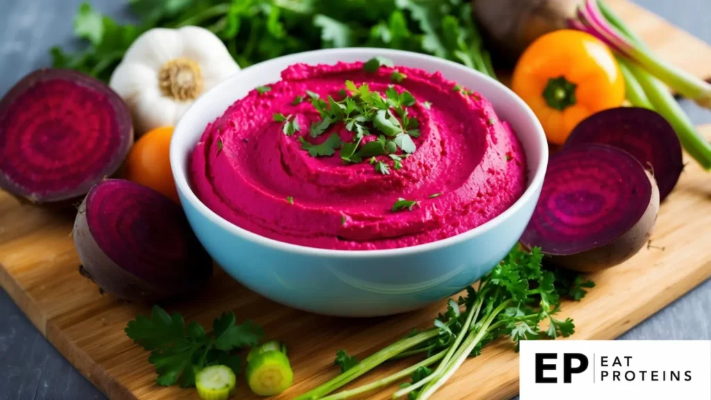 A bowl of vibrant beetroot hummus surrounded by fresh vegetables and herbs on a wooden cutting board