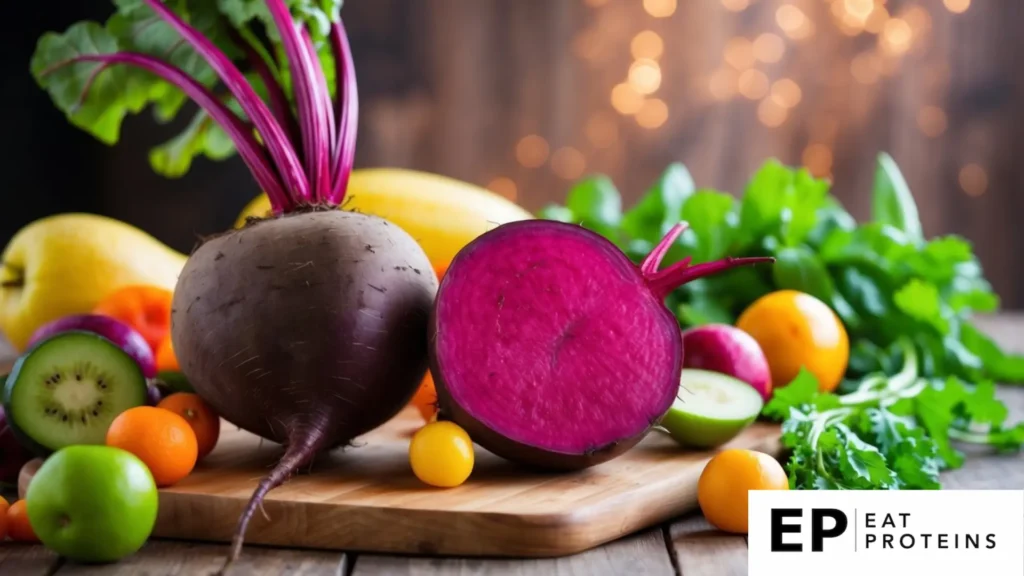 A vibrant beetroot, surrounded by fresh fruits and vegetables, sits atop a wooden cutting board, ready to be juiced