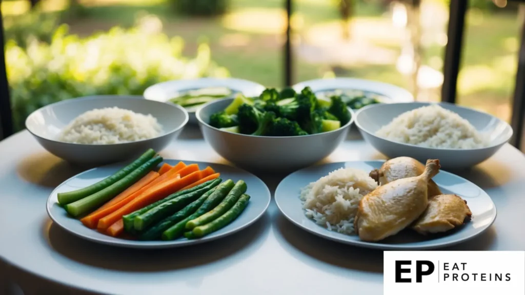 A table set with plain, unseasoned foods like steamed vegetables, boiled chicken, and plain rice. No spices or sauces in sight