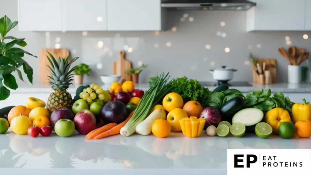 A colorful array of fresh fruits, vegetables, lean proteins, and whole grains arranged on a clean, white kitchen counter