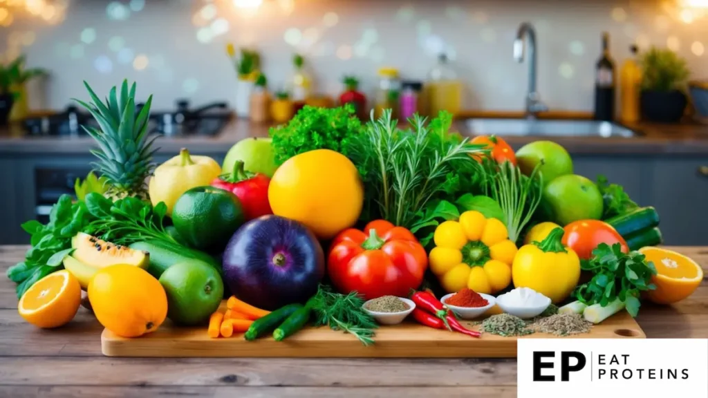 A vibrant array of fresh fruits, vegetables, and herbs, with colorful spices and healthy fats, arranged on a wooden cutting board