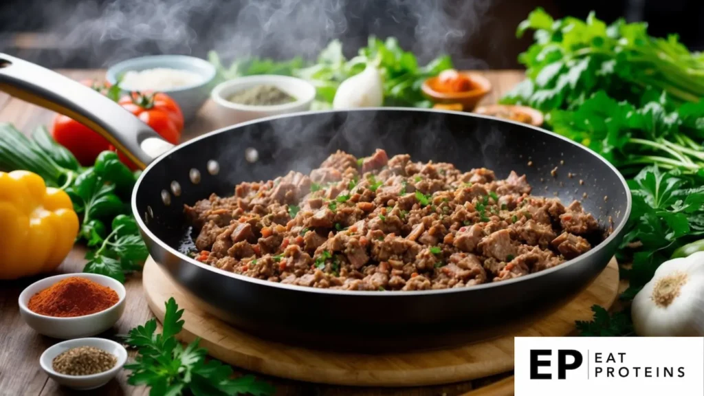 A sizzling skillet of ground beef surrounded by fresh vegetables and herbs, with a variety of spices and seasonings nearby