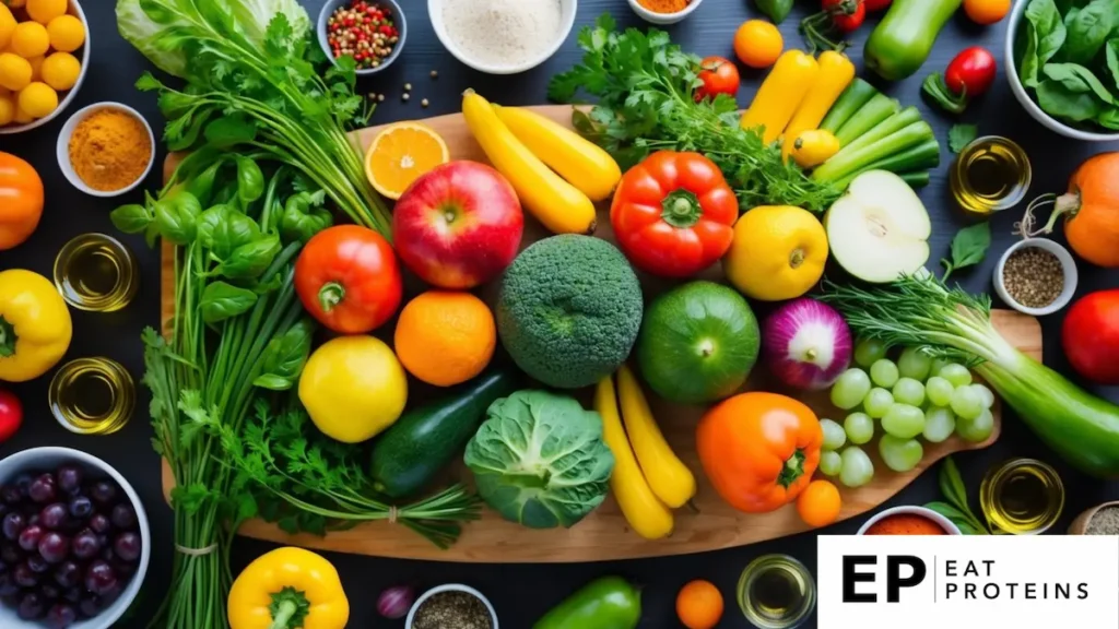 A colorful array of fresh fruits, vegetables, and herbs arranged on a wooden cutting board, surrounded by vibrant spices and oils