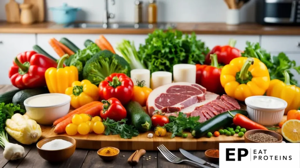 A colorful array of fresh vegetables, meats, and dairy products arranged on a wooden cutting board, surrounded by kitchen utensils and spices