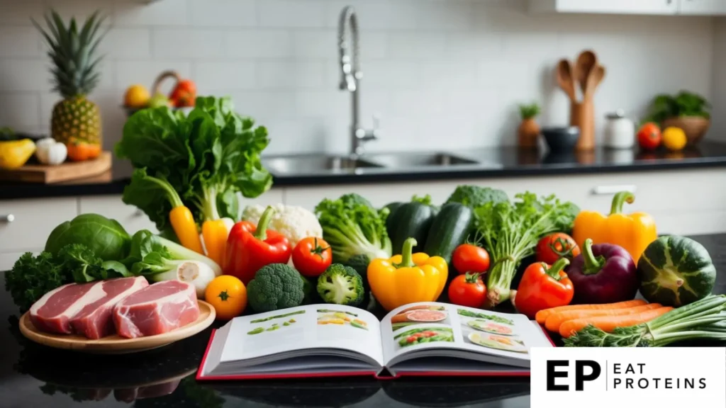 A colorful array of fresh vegetables, lean meats, and healthy fats arranged on a kitchen countertop, with a cookbook open to low-carb recipes