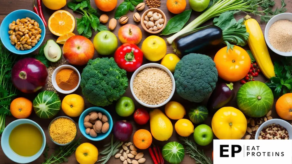 A colorful array of fruits, vegetables, nuts, and whole grains arranged on a wooden table, surrounded by vibrant herbs and spices