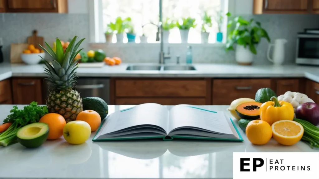 A kitchen counter with a variety of fresh fruits, vegetables