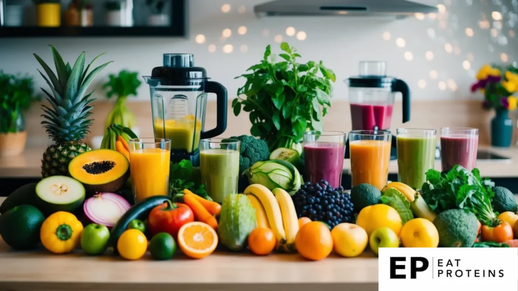 A vibrant array of fresh fruits and vegetables, blenders, and smoothie glasses arranged on a kitchen counter