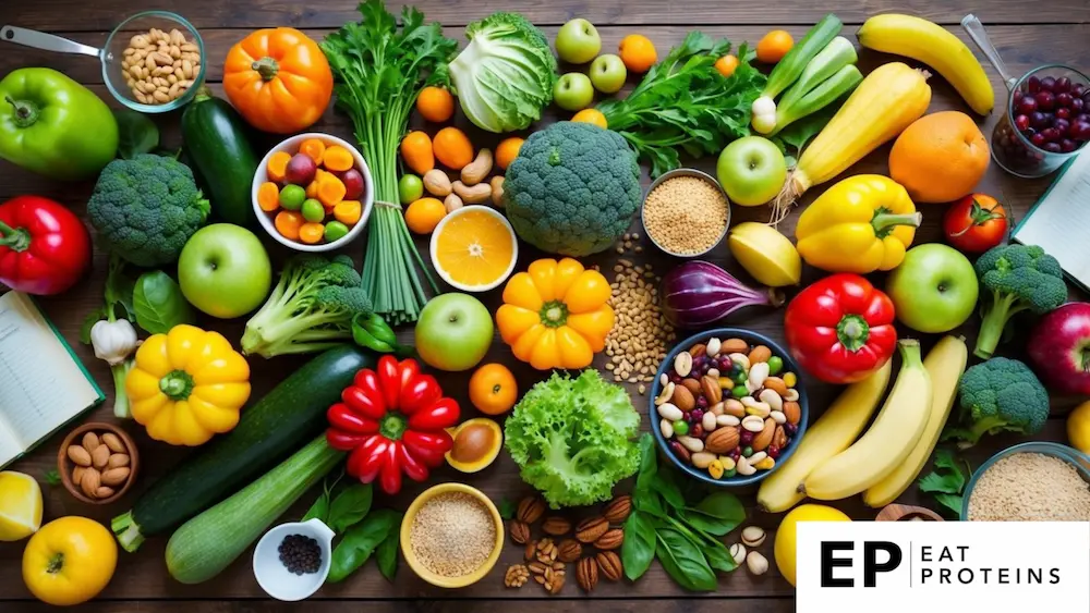 A colorful array of fresh fruits, vegetables, nuts, and whole grains arranged on a wooden table, with a variety of cooking utensils and recipe books scattered around