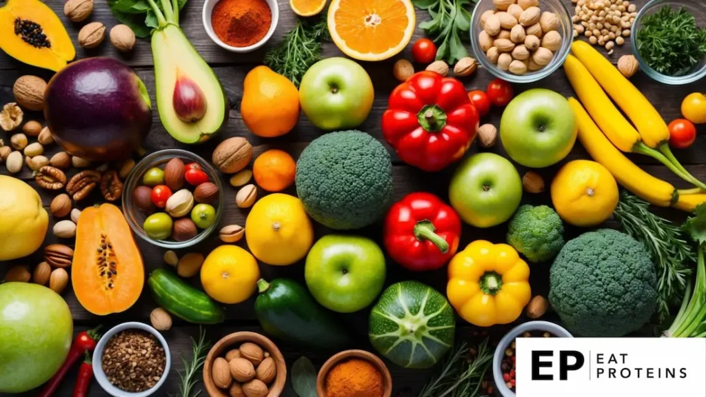 A vibrant array of fresh fruits, vegetables, and nuts arranged on a wooden table, surrounded by colorful spices and herbs