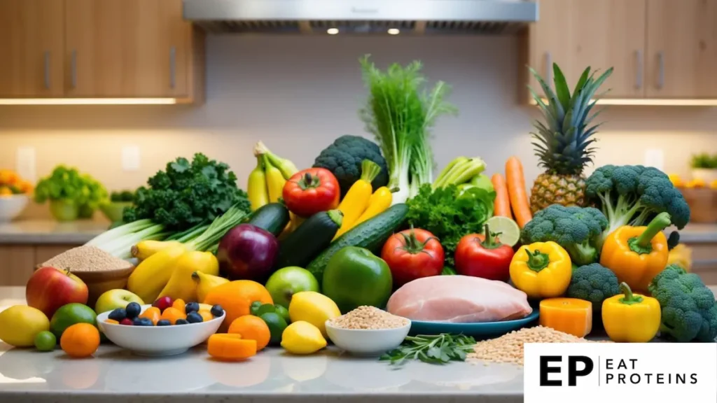 A colorful array of fresh fruits, vegetables, lean proteins, and whole grains arranged on a kitchen counter, ready to be used in bariatric diet recipes