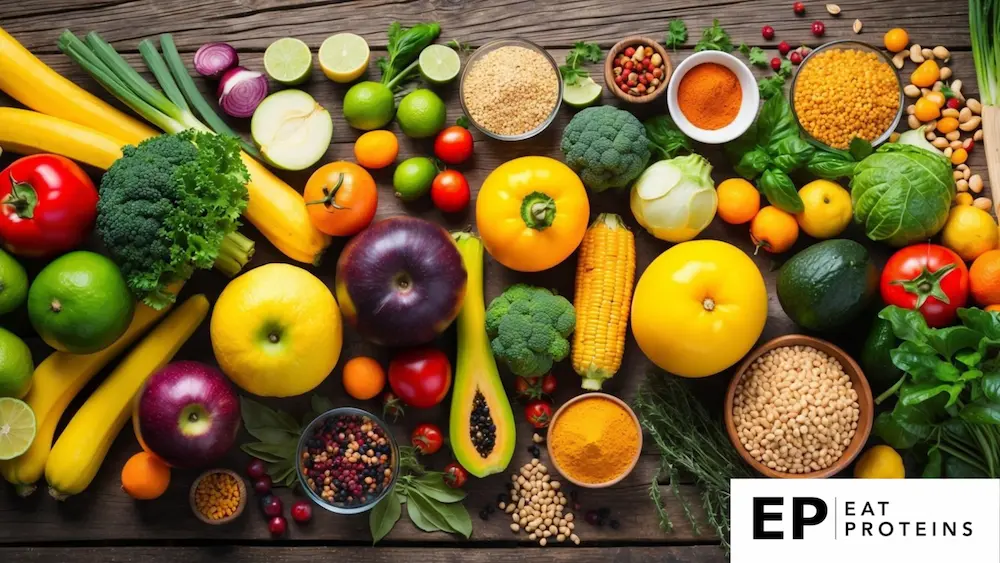 A colorful array of fresh fruits, vegetables, whole grains, and legumes arranged on a rustic wooden table, with a variety of spices and herbs scattered around